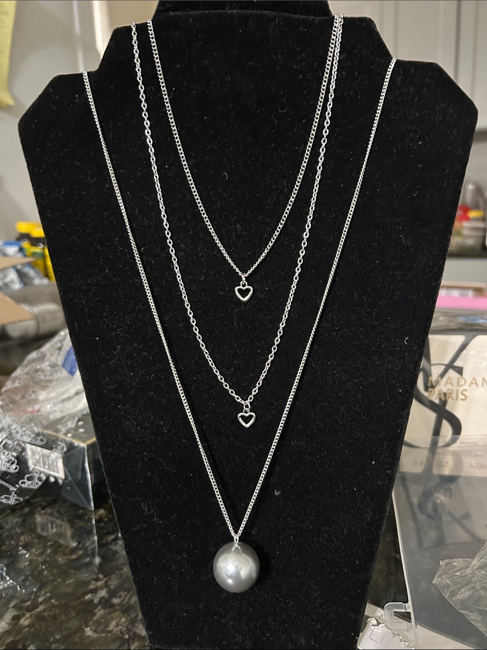 paparazzi Silver-Tone Layered Heart & Pearl Drop Necklace